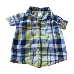 Carters Button Front Shirt Boys Size 9M Blue Green Plaid Short‎ Sleeve Collared